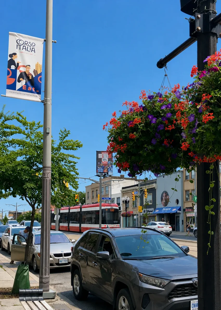 Corso Italia street on St. Clair Ave W with TTC streetcar and flower baskets